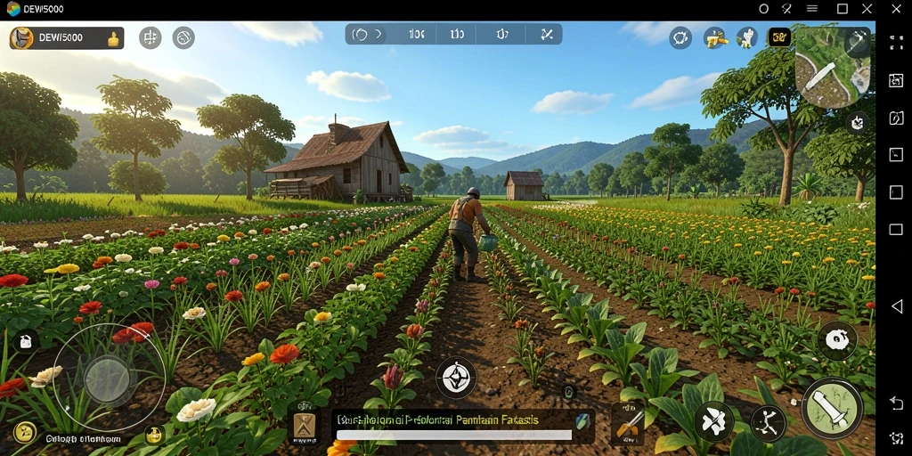 Screenshot gameplay DEWI5000 menampilkan pertanian yang indah dan aktivitas menanam.