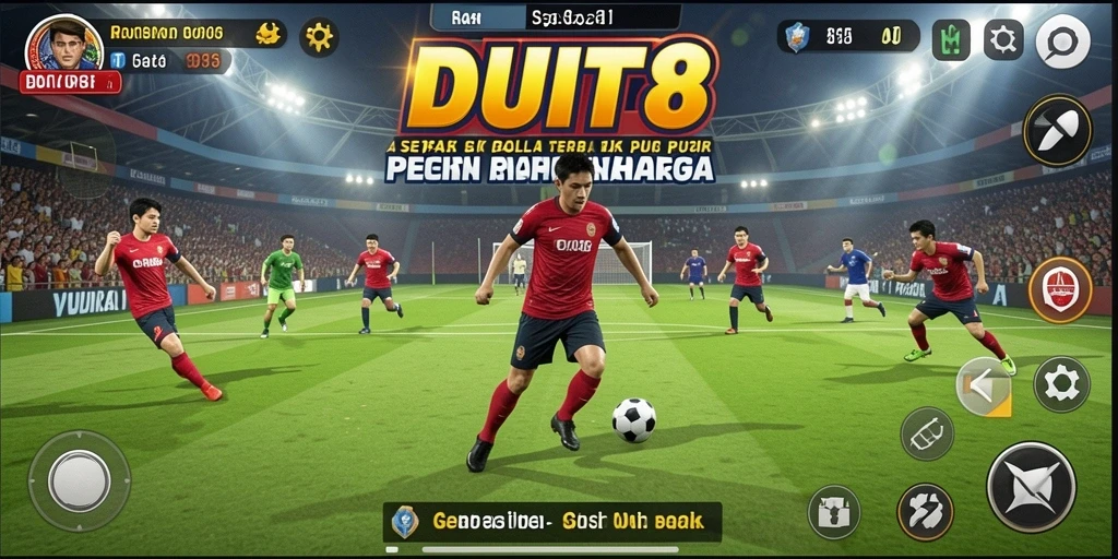 Tampilan gameplay DUIT8 dengan aksi sepak bola penuh semangat.