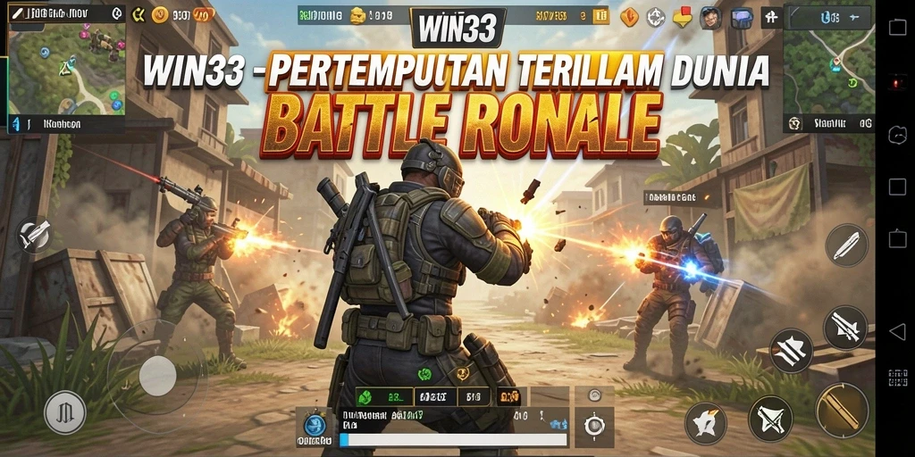 Gameplay WIN33 dengan pertempuran intens di arena Battle Royale.
